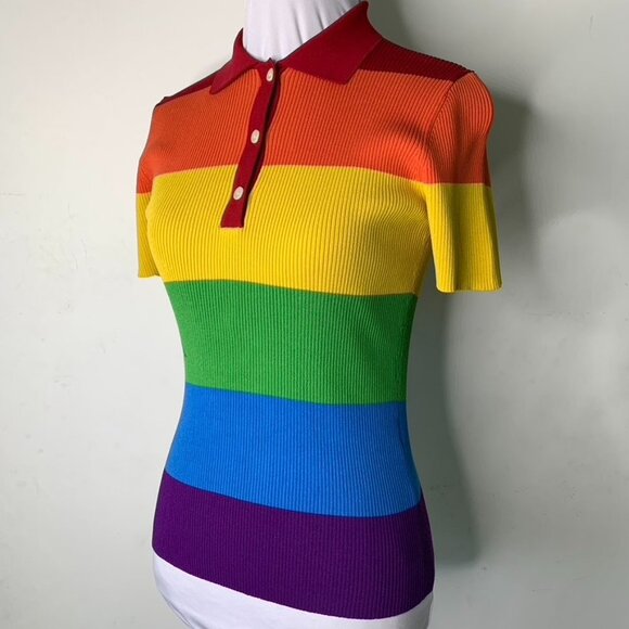 Rokh Women's Rainbow Short Sleeve Ribbed Collared Shirt Top Size Medium - Picture 4 of 12